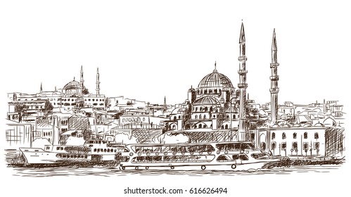 Hand drawn sketch of the world famous Blue mosque, Istanbul in vector illustration.