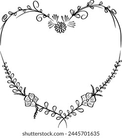 Hand drawn sketch of wreath and frames Leaves and flowers ornate borders heart. vector illustration