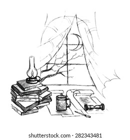 Hand drawn sketch of writer's desk