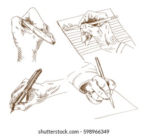 Hand drawn sketch of writing hand in vector illustration.