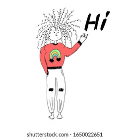 Hand drawn sketch of young girl, she say Hi. Vector illustration for banners, flyers, and concept about helping young people. Positive illustration. Girl without parents.