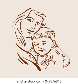 Hand drawn sketch young mother and child. Vector illustration