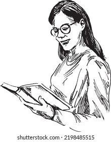 Hand drawn sketch of a young woman reading a book. Vector illustration.