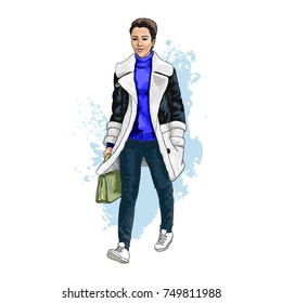 Hand drawn sketch. A young woman in a hurry. The girl was wearing a sheepskin coat. In the hands holding the purse. Stylish winter clothes. Vector illustration of fashion.