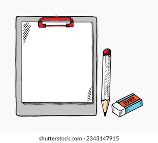 Hand drawn sketchbook Mockup blank paper,eraser and drawing pencil, vector art illustration