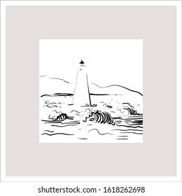 Hand drawn sketche of sea view and lighthouse