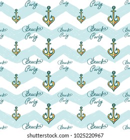 Hand drawn sketched anchor and beach. Sea summer ocean beach party marine wedding seamless pattern. Colored sketch on white blue chevron background.