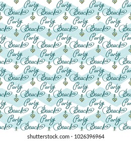Hand drawn sketched anchor and beach. Sea summer ocean beach party marine wedding seamless pattern. Colored sketch on white blue chevron background.