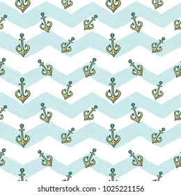 Hand drawn sketched anchor. Sea summer ocean beach party marine wedding seamless pattern. Colored sketch on white blue chevron background.