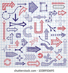Hand drawn sketched Arrows in different shapes set. Doodle arrows collection. Vector illustration.