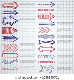 Hand drawn sketched Arrows in different shapes set. Doodle arrows collection. Vector illustration.