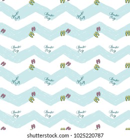 Hand drawn sketched beach and flip-flop. Sea summer ocean beach party marine wedding seamless pattern. Colored sketch on white blue chevron background.