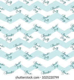 Hand drawn sketched beach. Sea summer ocean beach party marine seamless pattern. Colored sketch on white blue chevron background.