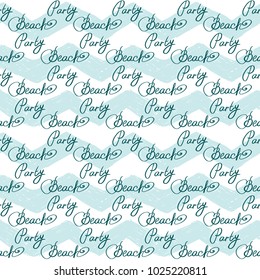 Hand drawn sketched beach. Sea summer ocean beach party marine wedding seamless pattern. Colored sketch on white blue chevron background.