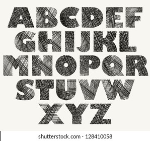 Hand drawn and sketched bold font, vector sketch style alphabet.