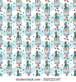 Hand drawn sketched bottle and seashell. Sea summer ocean beach party marine wedding seamless pattern. Colored sketch on white blue chevron background.
