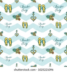 Hand drawn sketched bouquet, anchor, beach, flip. Sea summer ocean beach party marine wedding seamless pattern. Colored sketch on white blue chevron background.