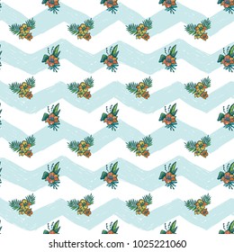 Hand drawn sketched bouquet and hibiscus. Sea summer ocean beach party marine wedding seamless pattern. Colored sketch on white blue chevron background.
