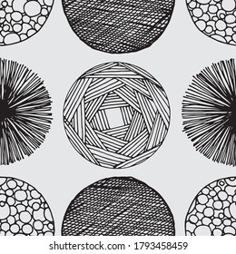 Hand drawn sketched circles seamless pattern. Endless texture background with doodle rings, scribble round vector wallpaper, sketchy design elements tile