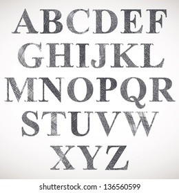 Hand Drawn And Sketched Classic Font, Vector Sketch Style Alphabet.
