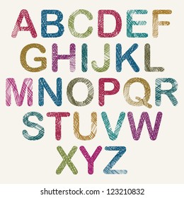 Hand drawn and sketched color rounded font, vector sketch style alphabet.