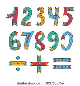 Hand drawn sketched and doodled kids numbers isolated on white background. Collection of cute colorful numbers from zero to nine and math symbols. Vector illustration for web, design, decoration, educ