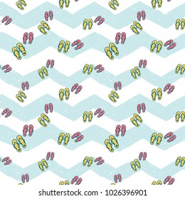 Hand drawn sketched flip-flop. Sea summer ocean beach party marine wedding seamless pattern. Colored sketch on white blue chevron background.