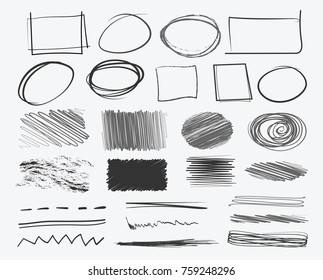 Hand Drawn Sketched Frames, Strokes,  Shaded And Hatched Badges And Empty Bubble Shapes. Scribble Geometric Shapes