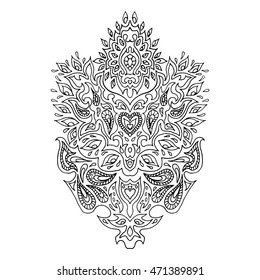 Hand drawn sketched highly detailed ornate element for design. Zentangle inspired art. Oriental, indian, asian, arabic lacy motif.