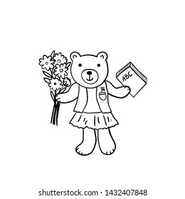 Hand drawn sketched illustration of cartoon bear with bouquet of flowers and school book. Funny emotional animal. Coloring book, card, poster element