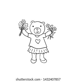 Hand drawn sketched illustration of cartoon bear. Funny animal with bouquets of flowers.