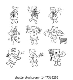 Hand drawn sketched illustration of cartoon bear characters. Funny emotional animals set. Bears skiing, playing snow balls, holding bouquets of flower, go shopping and sunbathe. 