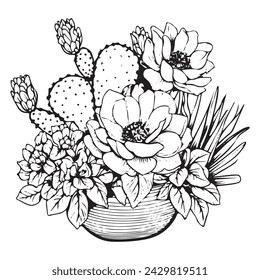 Hand Drawn Sketched Outline Cactus Silhouette. Mexican Plant Realistic Vector Illustration. 