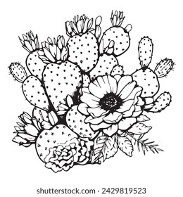 Silueta de cactus con contorno dibujado a mano. Ilustración vectorial realista de planta mexicana. 