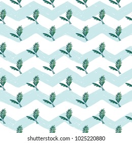 Hand drawn sketched palm. Sea summer ocean beach party marine wedding seamless pattern. Colored sketch on white blue chevron background.