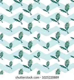Hand drawn sketched palm. Sea summer ocean beach party marine wedding seamless pattern. Colored sketch on white blue chevron background.