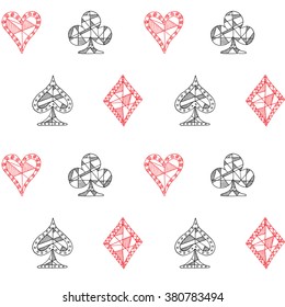 Hand drawn sketched Playing cards symbol seamless pattern, poker, blackjack background, doodle hearts diamonds spades and clubs symbols..