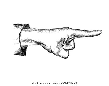 Hand drawn and sketched, pointing hand gesture symbol. Vector illustration isolated on white.