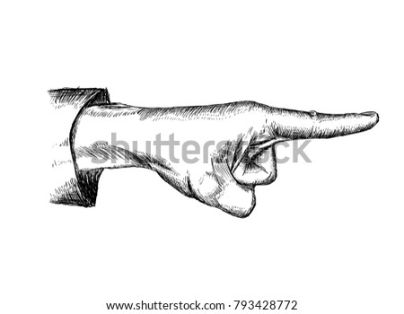 Hand drawn and sketched, pointing hand gesture symbol. Vector illustration isolated on white.
