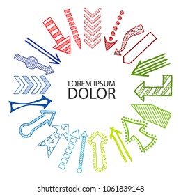 Hand drawn sketched rainbow colored Arrows in different shapes directed in center. Doodle multicolor arrows template. Vector illustration.