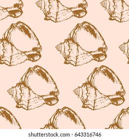 Hand drawn sketched sea shell seamless pattern on pastel pink background. Vector illustration.