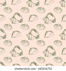 Hand drawn sketched sea shell seamless pattern on pastel pink background. Vector illustration.