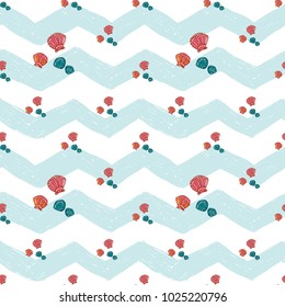 Hand drawn sketched seashell. Sea summer ocean beach party marine wedding seamless pattern. Colored sketch on white blue chevron background.