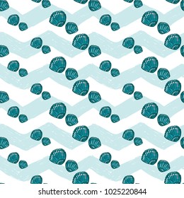 Hand drawn sketched seashell. Sea summer ocean beach party marine wedding seamless pattern. Colored sketch on white blue chevron background.