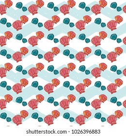 Hand drawn sketched seashell. Sea summer ocean beach party marine wedding seamless pattern. Colored sketch on white blue chevron background.