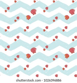 Hand drawn sketched seashell. Sea summer ocean beach party marine wedding seamless pattern. Colored sketch on white blue chevron background.