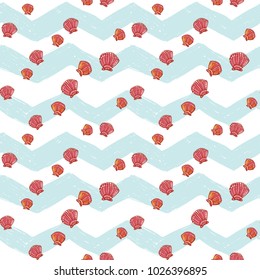 Hand drawn sketched seashell. Sea summer ocean beach party marine wedding seamless pattern. Colored sketch on white blue chevron background.