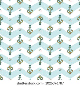 Hand drawn sketched starfish and anchor. Sea summer ocean beach party marine wedding seamless pattern. Colored sketch on white blue chevron background.