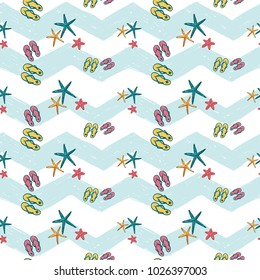 Hand drawn sketched starfish and flip-flop. Sea summer ocean beach party marine wedding seamless pattern. Colored sketch on white blue chevron background.
