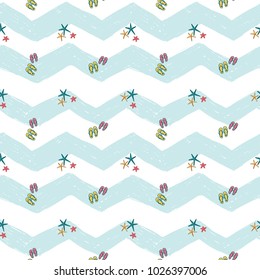 Hand drawn sketched starfish and flip-flop. Sea summer ocean beach party marine wedding seamless pattern. Colored sketch on white blue chevron background.